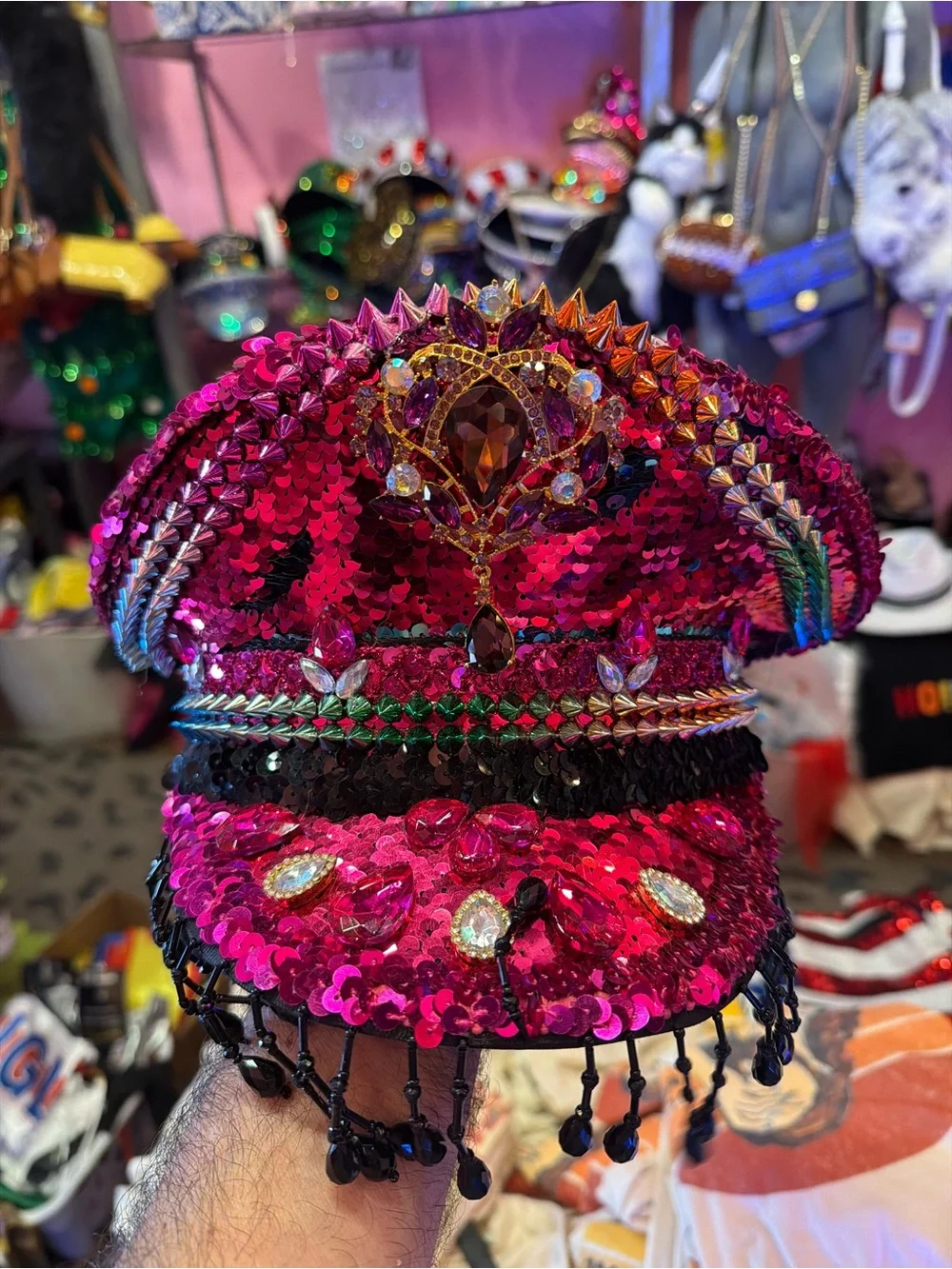 Nu Shuz Fuchsia Sequin Black Jeweled Fringe Statement Captain Festival Hat
